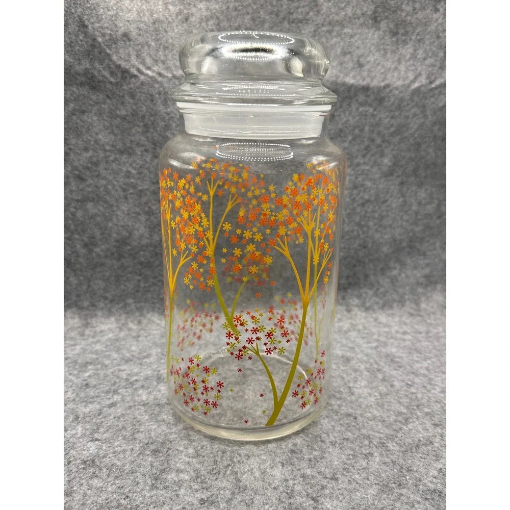 Vintage Glass Canister Set 3 Autumn Floral Tree Orange Yellow Red USA Made